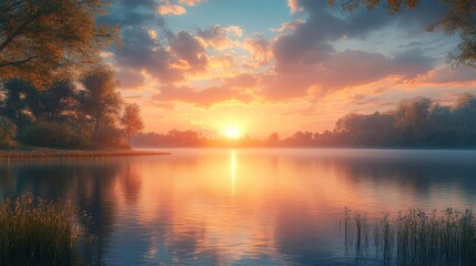 Obraz premium Sunset over calm lake, trees reflected.