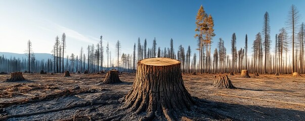 Forest reduced to charred stumps after a nuclear shockwave, nuclear bomb, environmental devastation