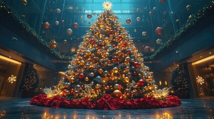 Fototapeta premium The Christmas tree is beautifully decorated, with colorful ornaments and ribbons beautifully wrapped around the branches, sparkling, making the atmosphere even warmer and more comfortable.