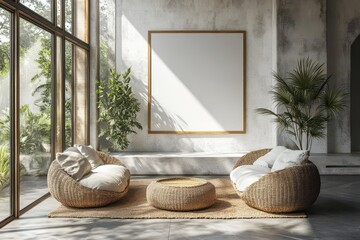 a minimalist modern living room with a blank poster on the wall, featuring sleek furniture and a neutral color palette, inviting creativity and personalization
