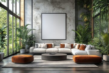 a minimalist modern living room with a blank poster on the wall, featuring sleek furniture and a neutral color palette, inviting creativity and personalization