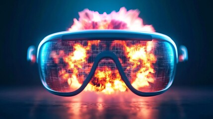 Hyper-realistic explosion seen through augmented reality glasses, nuclear bomb, digital horror