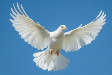 Obraz premium a pure white dove soaring gracefully against a clear blue sky, symbolizing peace, freedom, and purity in a strikingly simple composition