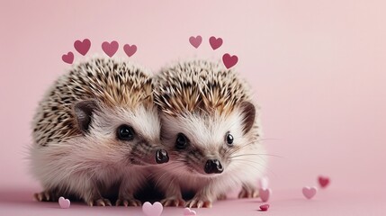 Two kissing hedgehogs, hearts above them, solid pink background.