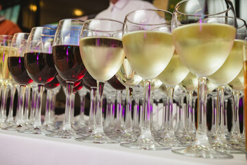 A beautifully arranged collection of wine glasses filled with red and white wines, set on a white tablecloth