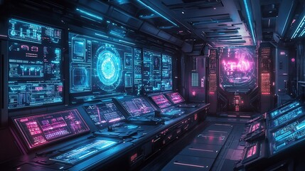 Futuristic control room with glowing displays.