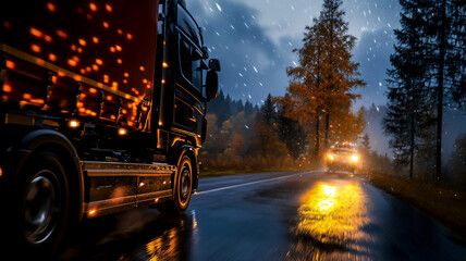 driving truck during fall on the road during midnight with a eye-level angle with side-lighting 