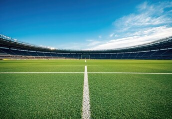 Fototapeta premium A large, empty football stadium with green grass and blue sky in the background. 