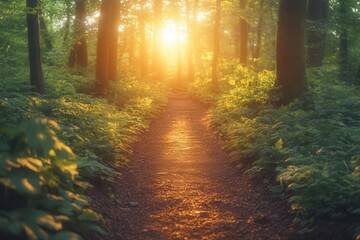 Fototapeta premium a serene forest path illuminated by dappled sunlight filtering through abundant green leaves, inviting a sense of exploration and connection with nature