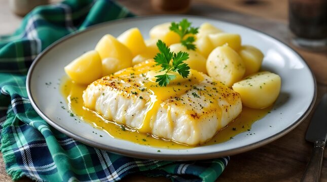 Traditional Skrei Arctic Cod with Potatoes and Butter Sauce (Norwegian Cuisine)