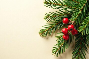 Evergreen branch with bright red berries against a beige background, Christmas decor, Christmas tree branches, winter foliage