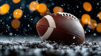 Close-Up of American Football on Snowy Field with Bokeh Lights in Background, Perfect for Sports and Winter-Themed Projects