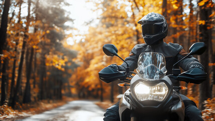 riding a motor during autumn in the forest during mid-day with a profile angle 