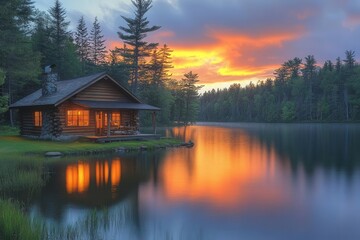 a serene lakeside cabin nestled among tall pine trees, with a warm sunset reflecting off the tranquil water, creating a peaceful escape into nature