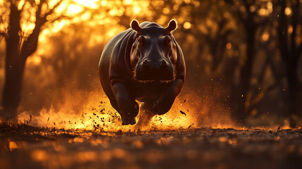running hippo during sunset in a forrest with a low Angle 