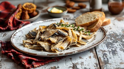 Fototapeta premium Tørrfisk Norwegian Stockfish with Bread and Butter (Norwegian Cuisine)