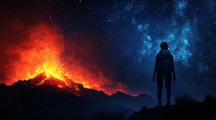 Fototapeta premium Silhouette of a hiker observing a distant eruption, surrounded by a starry sky.