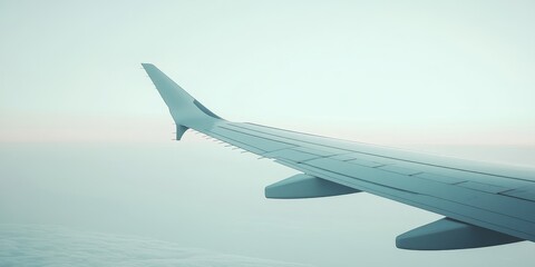 Obraz premium Wing of a plane soaring against a clear sky, highlighting the beauty of flight and the freedom of the open air. The plane s wing captures the essence of traveling through the sky.