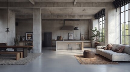 Fototapeta premium Sleek urban loft with exposed concrete walls.
