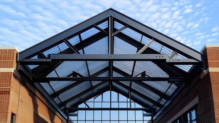 Obraz premium A photograph of an industrial steel roof with translucent and glass panels on the exterior wall