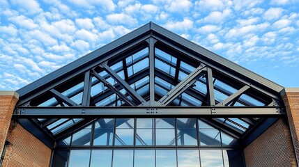Obraz premium A photograph of an industrial steel roof with translucent and glass panels on the exterior wall