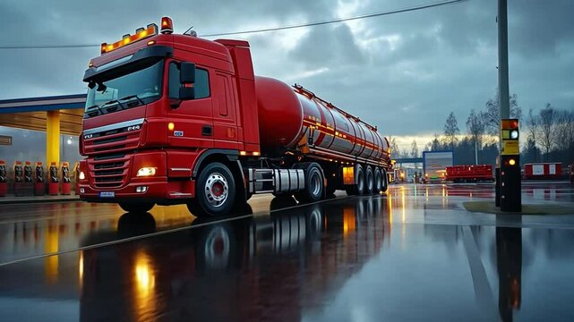Red Tanker Truck on a Wet Road: A red tanker truck makes its way down a wet road under a cloudy sky, the reflection of the truck and street lights adding a sense of mystery and intrigue to the scene.