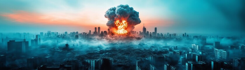 Fototapeta premium Ruined cityscape covered in ash and smoke, nuclear bomb, post-apocalyptic wasteland