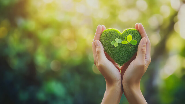 Hands holding green heart plants in nature - symbol of environment and love