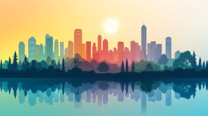 A flat landscape blending urban skylines, forests, and oceans with gradient colors transitioning smoothly, symbolizing unity across environments.