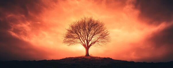 Single tree surviving amid nuclear fallout, nuclear bomb, fragile hope