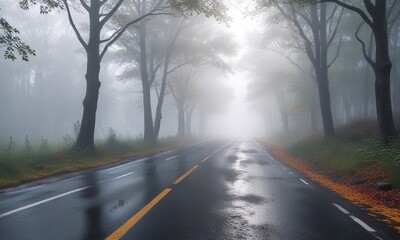 Fototapeta premium Foggy morning with blurred lower foliage and mist on the road , roadscape, veggie blur