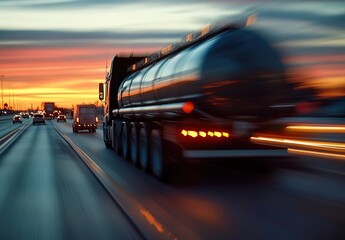 Fototapeta premium A close-up of the side view profile of an empty fuel truck driving down a highway at sunset.
