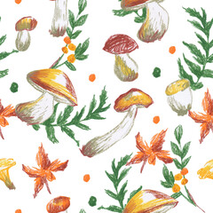 Forest mushrooms with green leaves wax crayons seamless pattern on white isolated background. Textural and botanical ornament repeating pattern. Design for textiles, wrapping paper and wallpaper.