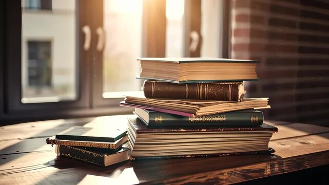 Stack of books on the table an open book or textbook education literature.