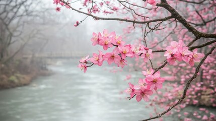 Fototapeta premium Delicate Cherry Blossom Branch Over Tranquil River in Beautiful Misty Landscape