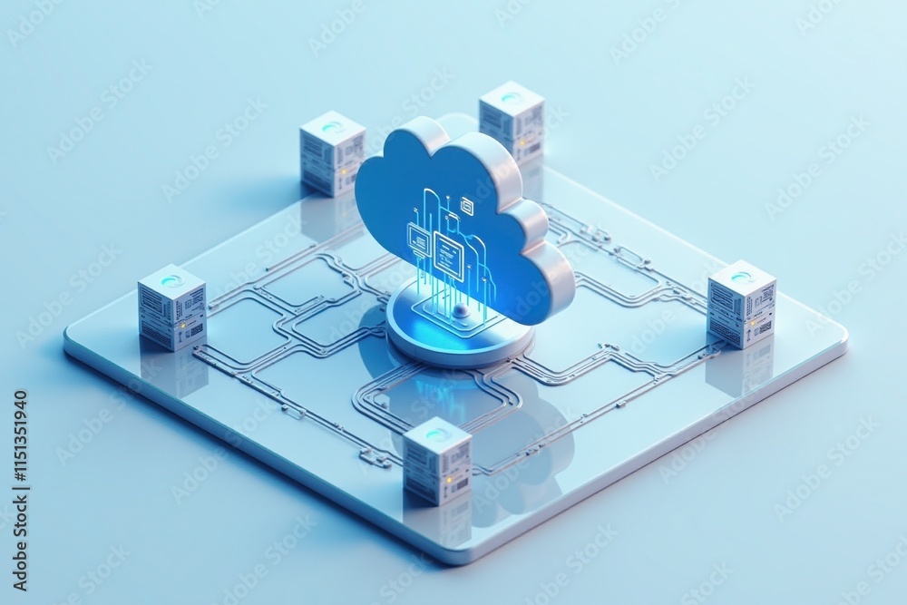 Poster 3D isometric illustration of a glowing cloud hub connected to data nodes on a futuristic circuit board, representing advanced IT systems