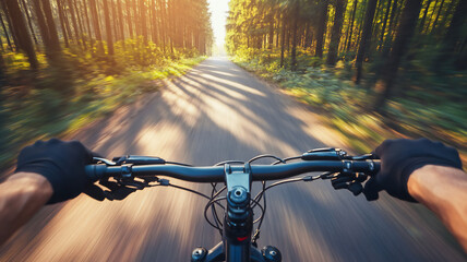 riding a mountainbike during summer in the road during mid-day with a frontal angle 