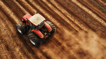 a tractor riding on his farm during mid-day with a birds eye view seen from backside 