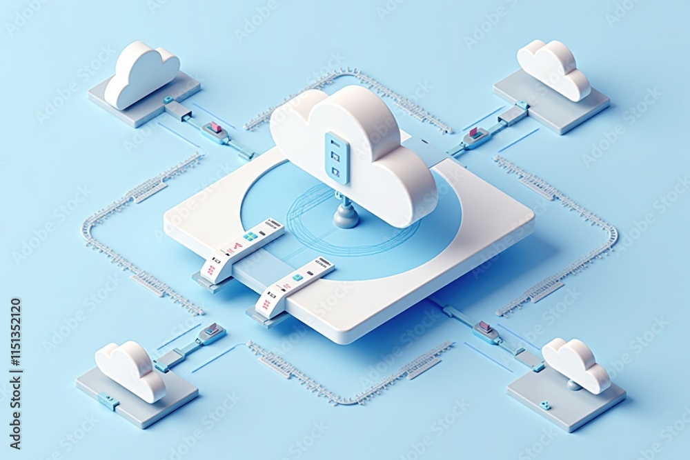 Fototapete 3D isometric illustration of interconnected cloud hubs and data links, representing a decentralized digital infrastructure.
