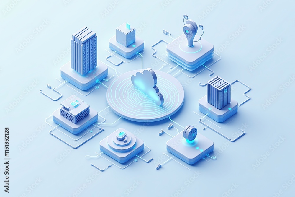 Aufkleber 3D isometric illustration of a cloud hub connecting smart devices, servers, and systems, symbolizing a futuristic IoT ecosystem