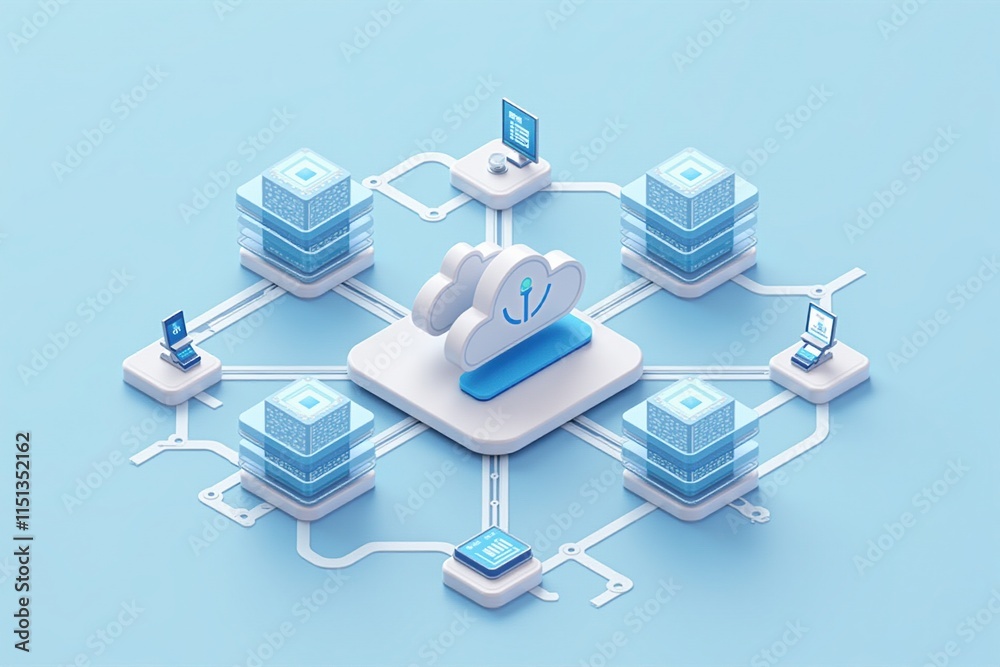 Aufkleber 3d isometric illustration of a central cloud hub connected to servers, devices, and data nodes, symb