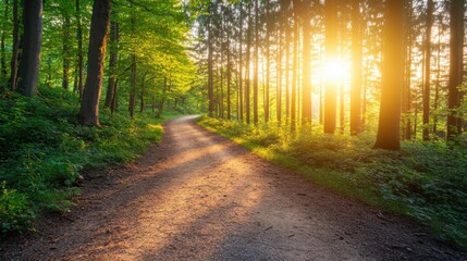 Obraz premium A quiet forest path under the moonlit sky, with beams of light filtering through the trees.