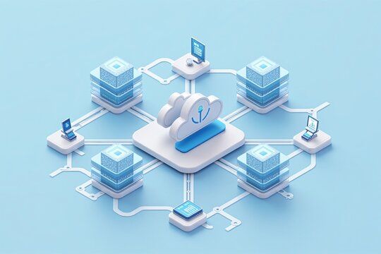 3D isometric illustration of a central cloud hub connected to servers, devices, and data nodes, symbolizing seamless digital integration