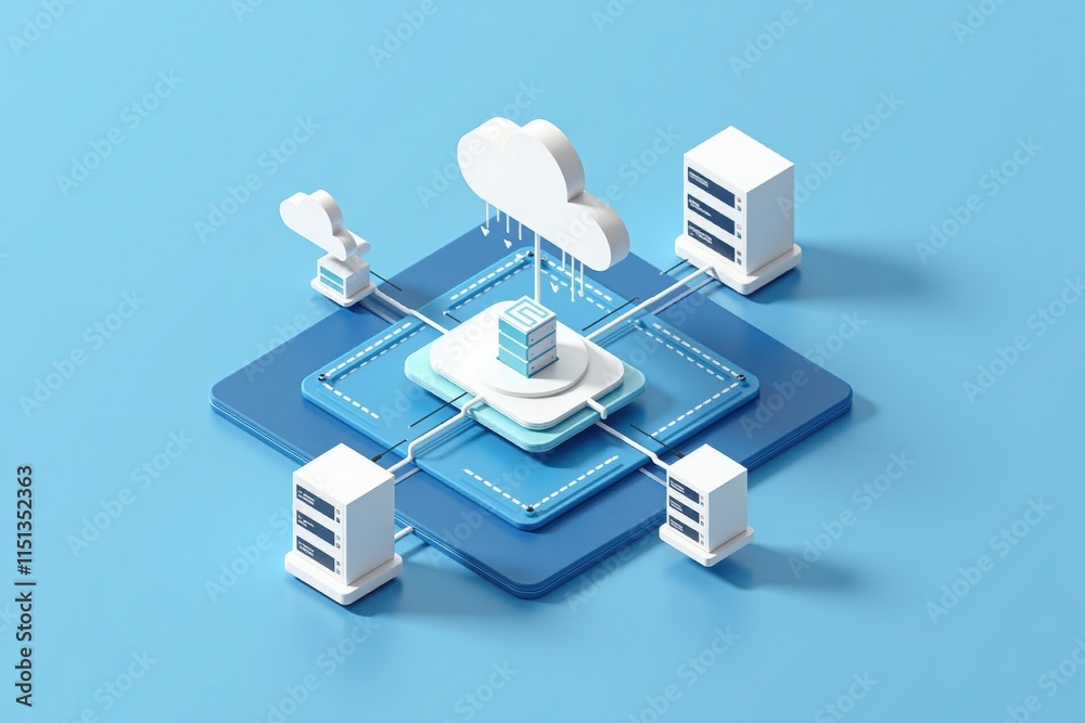 Poster Cloud computing - A 3D illustration of a cloud computing network, showcasing data servers and interconnected devices in a minimalistic design.