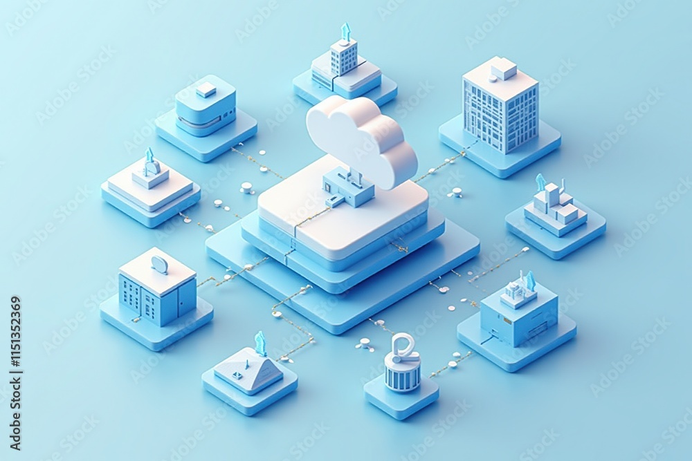Poster Cloud computing - A 3D illustration of a cloud computing network, showcasing data servers and interconnected devices in a minimalistic design.