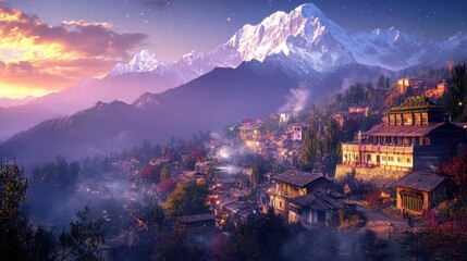Obraz premium A quiet mountain village illuminated by the moon, surrounded by tall peaks and star-filled skies.