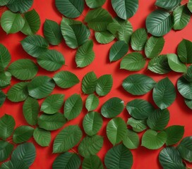 Obraz premium Fresh betel leaves arranged in a circular pattern on a vibrant red background, decorative plate, red background