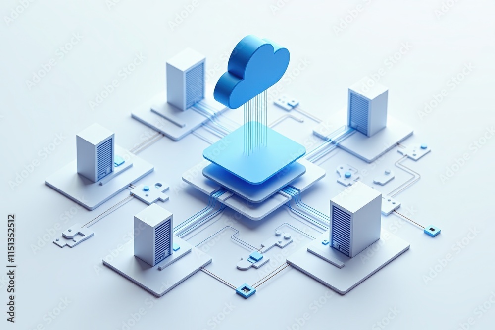 Poster Cloud computing - A 3D illustration of a cloud computing network, showcasing data servers and interconnected devices in a minimalistic design.