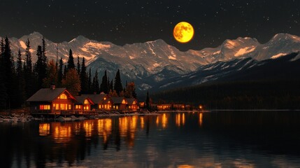 Fototapeta premium A quiet mountain village illuminated by the moon, surrounded by tall peaks and star-filled skies.