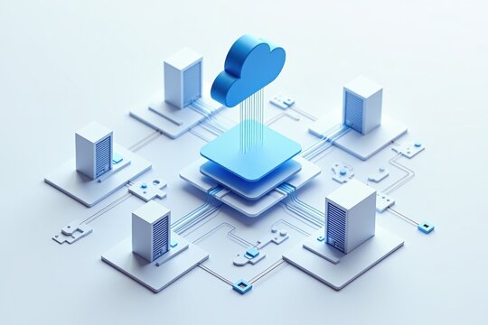 Cloud computing - A 3D illustration of a cloud computing network, showcasing data servers and interconnected devices in a minimalistic design.